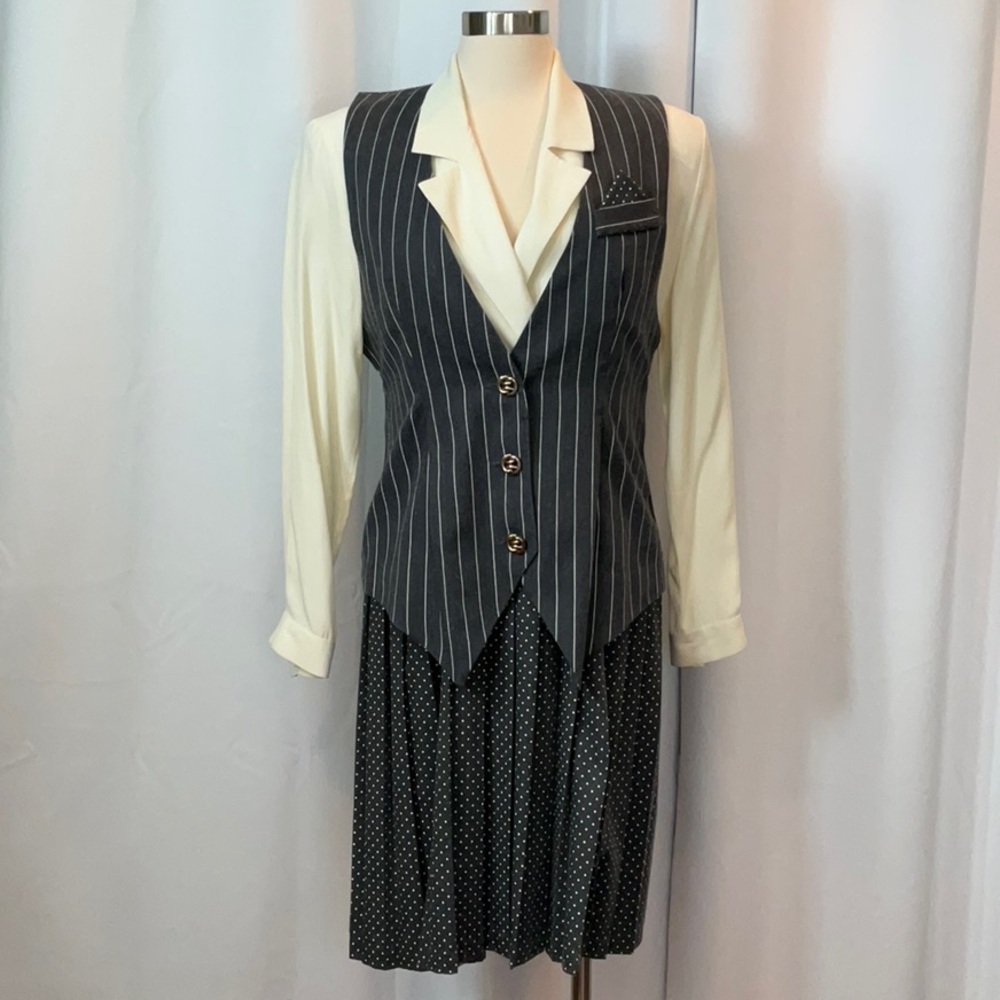 Sheri Martin Gray Beige Long Sleeve Polka Dot Dress Striped Vest Women Size 8